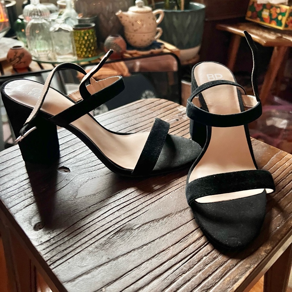 bp Black Suede Block Heel Sandals with Ankle Strap